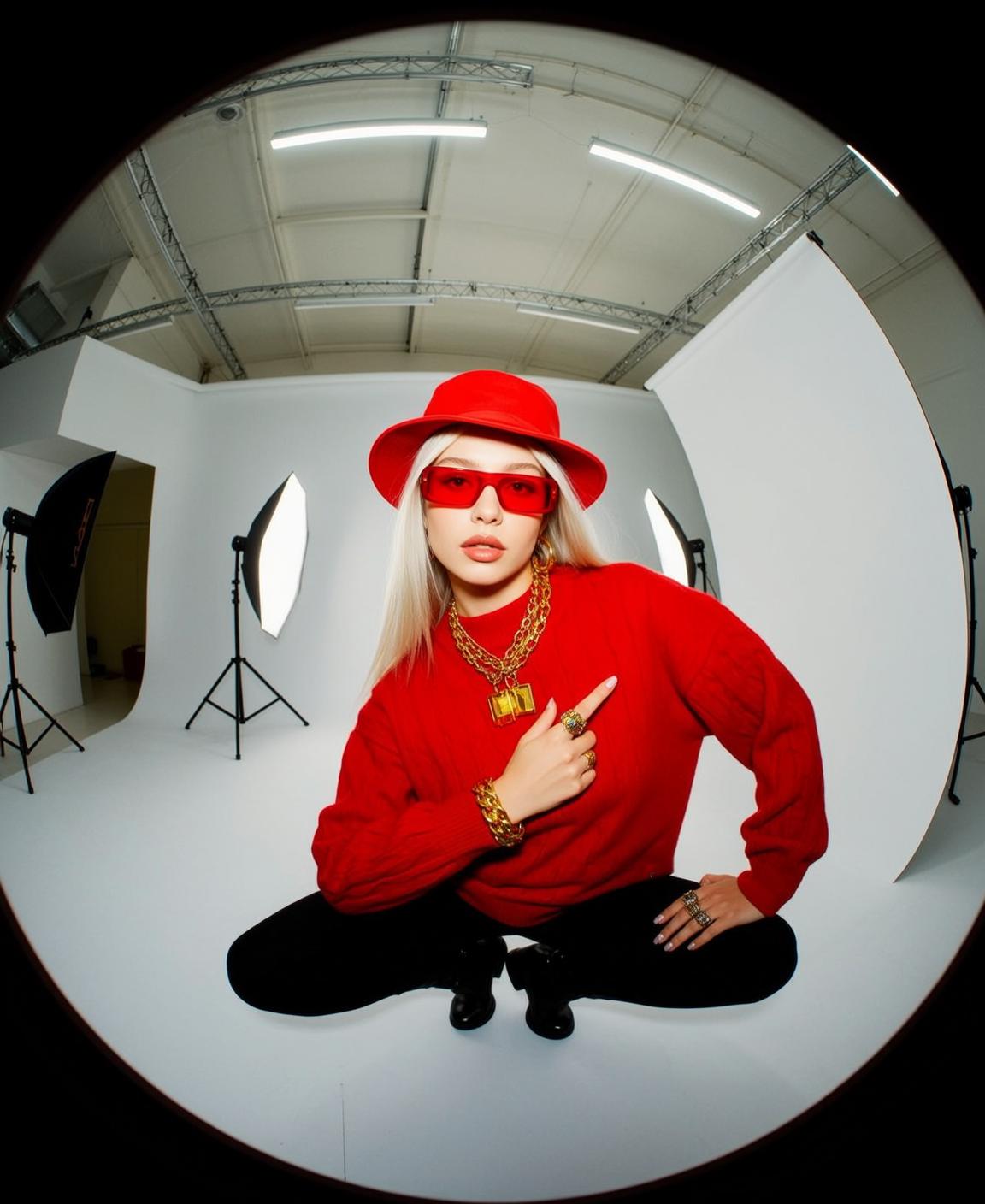 Red Sweater Hat Crouch Pose reference photo