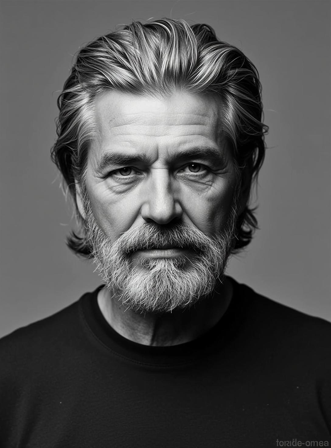 Photorealistic Black And White Headshot Portrait Older Man With Weathered reference photo