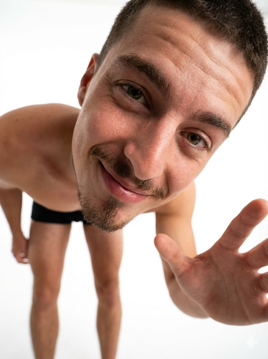 Extreme wide-angle close-up portrait with playful expression, showcasing realistic skin texture and dynamic pose.
