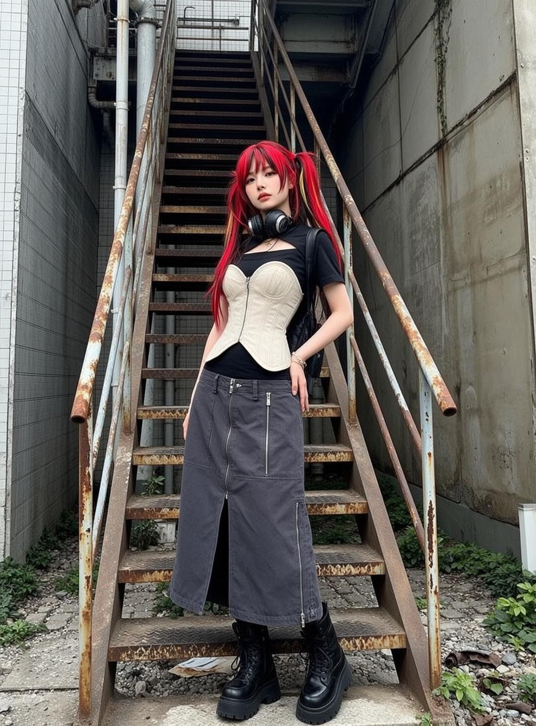 Red Pigtails Girl Industrial Staircase Grunge Outfit reference photo