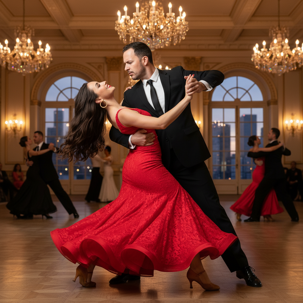 A couple passionately dancing the tango in a luxurious ballroom, the woman in a red dress dramatically leaning back while the man holds her waist.