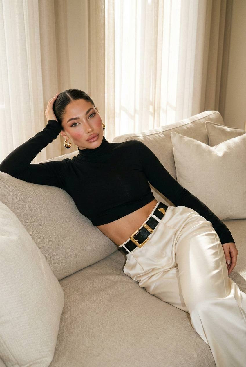Woman Beige Sofa Natural Light Portrait