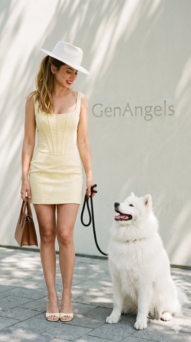 Yellow Dress White Hat Samoyed Dog Dappled Light