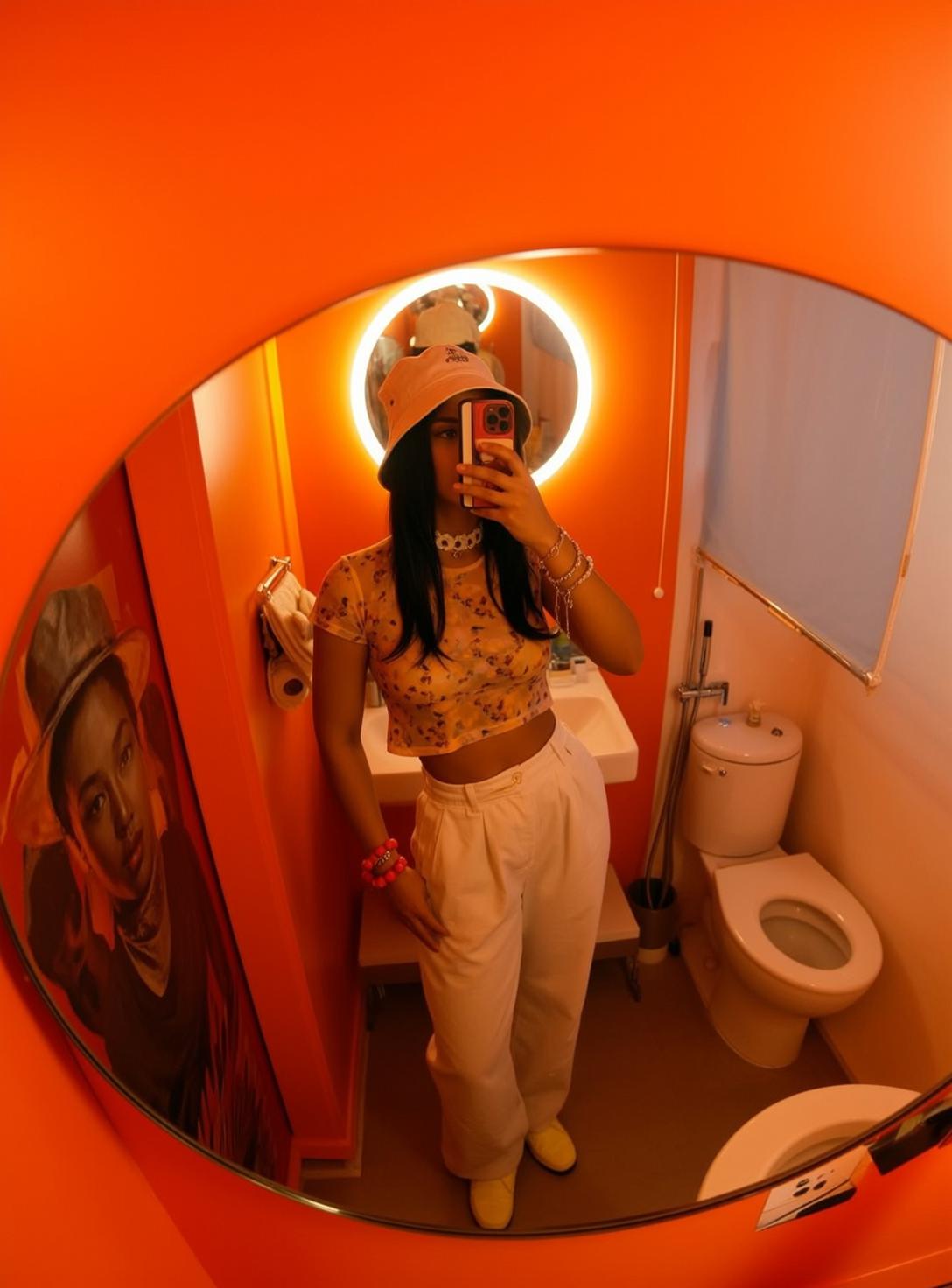 Yellow Floral Crop Top White Pants Mirror Selfie reference photo