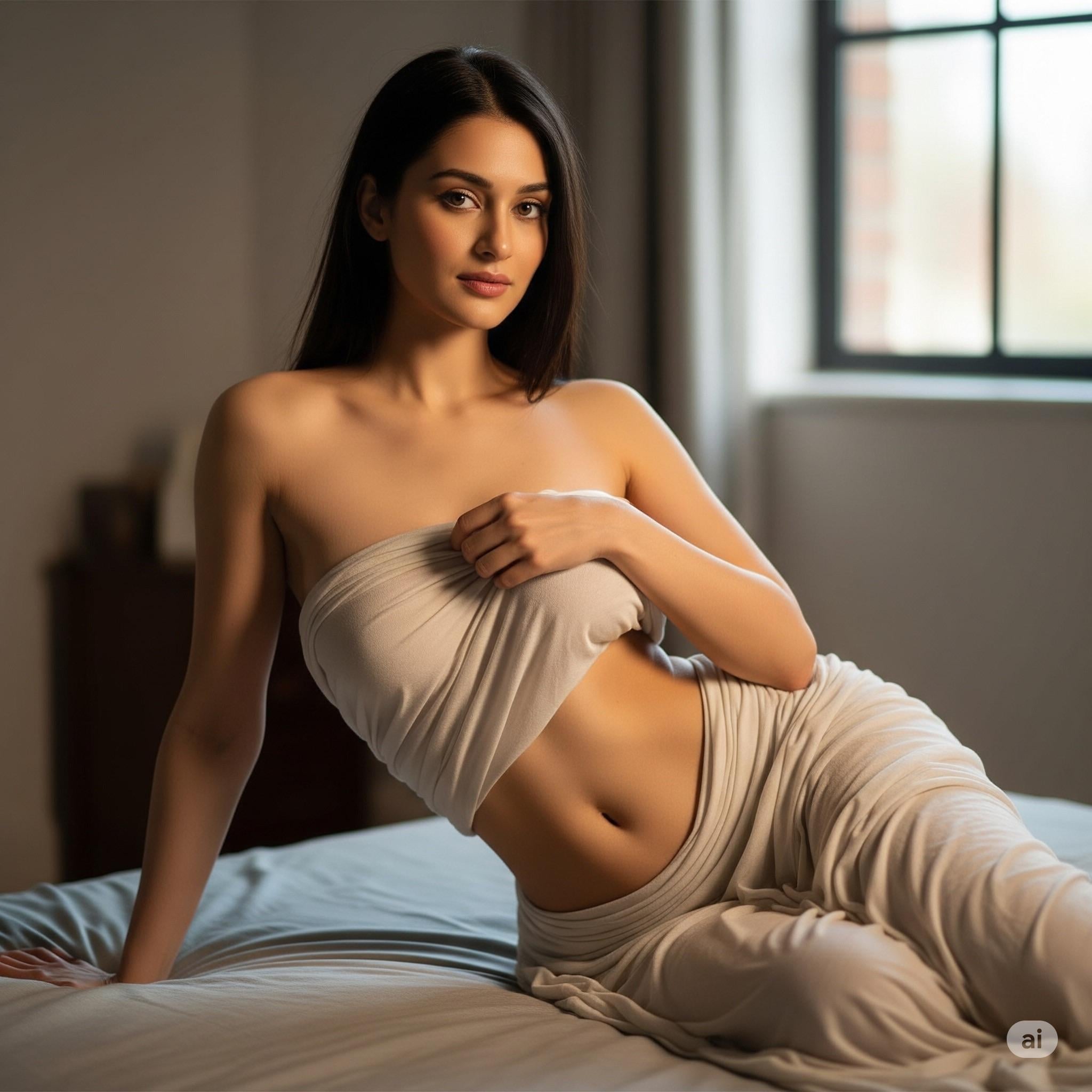 Reclining On Bed Soft Light Fabric reference photo