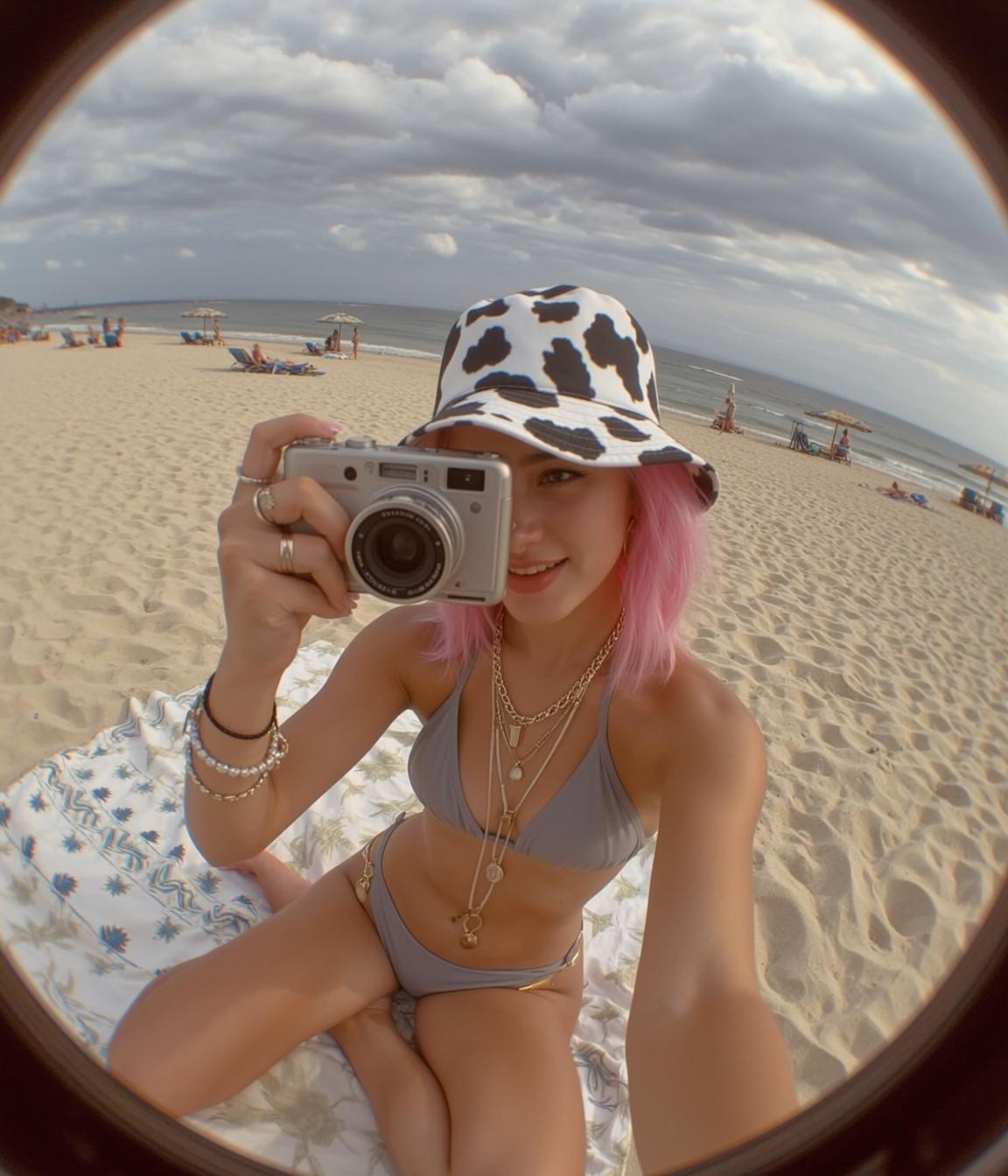Pink Hair Beach Camera Smile reference photo
