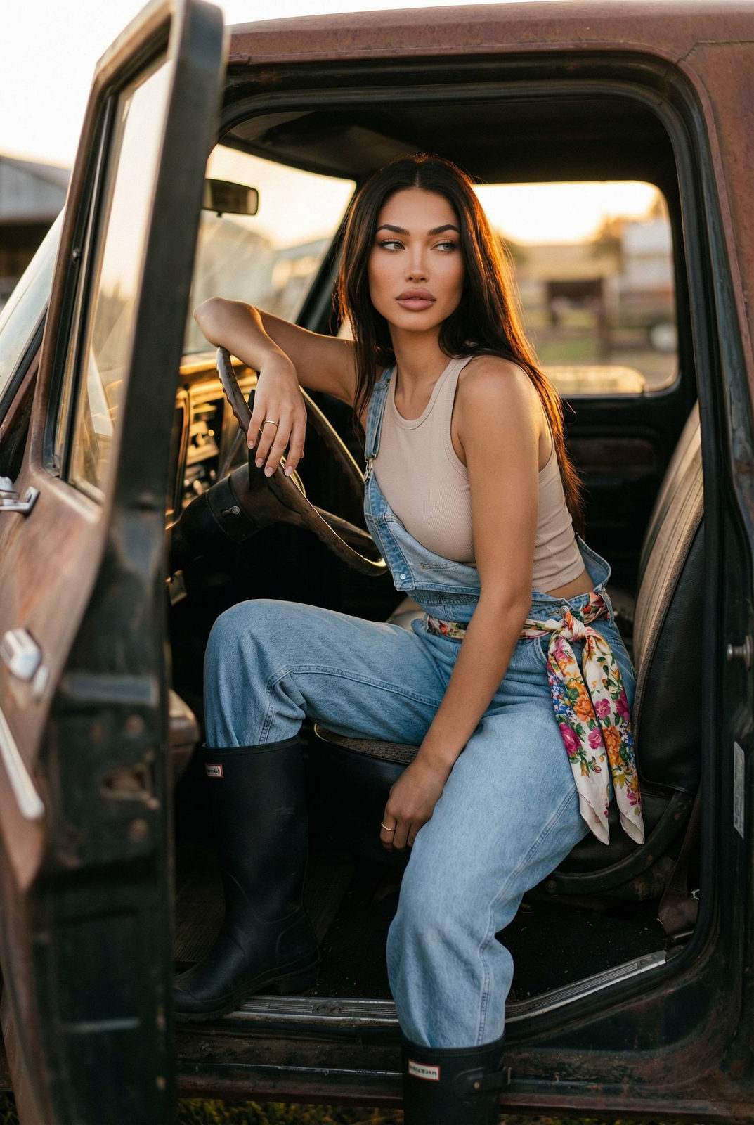 Farm Truck Sunset Portrait Denim Overalls Floral Scarf