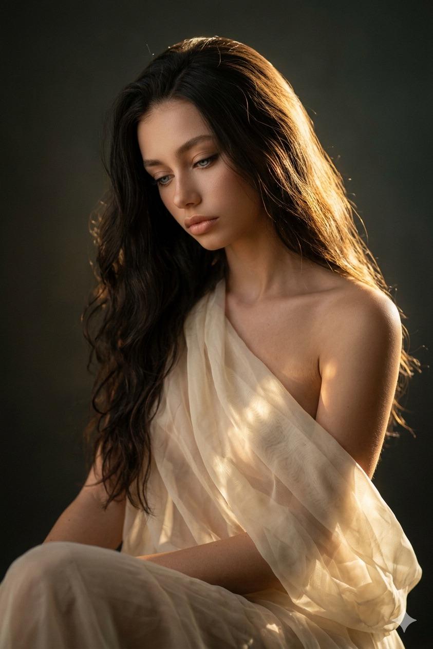 Sheer Cream Fabric Golden Light Dark Wall Seated