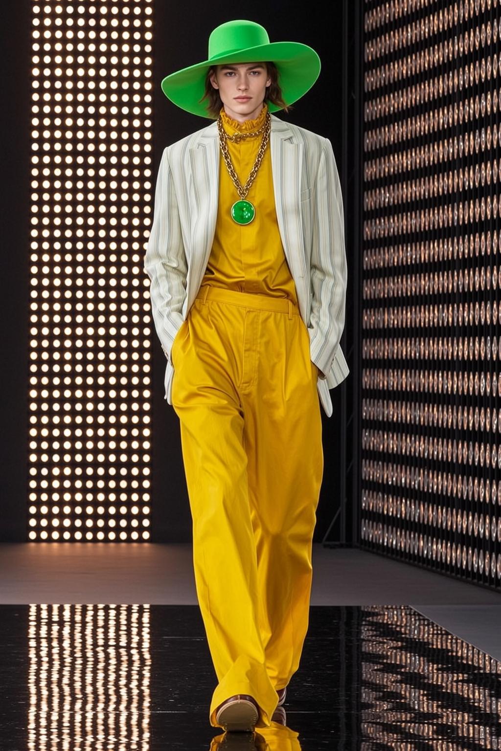 Yellow Satin Runway Fashion With Green Hat reference photo