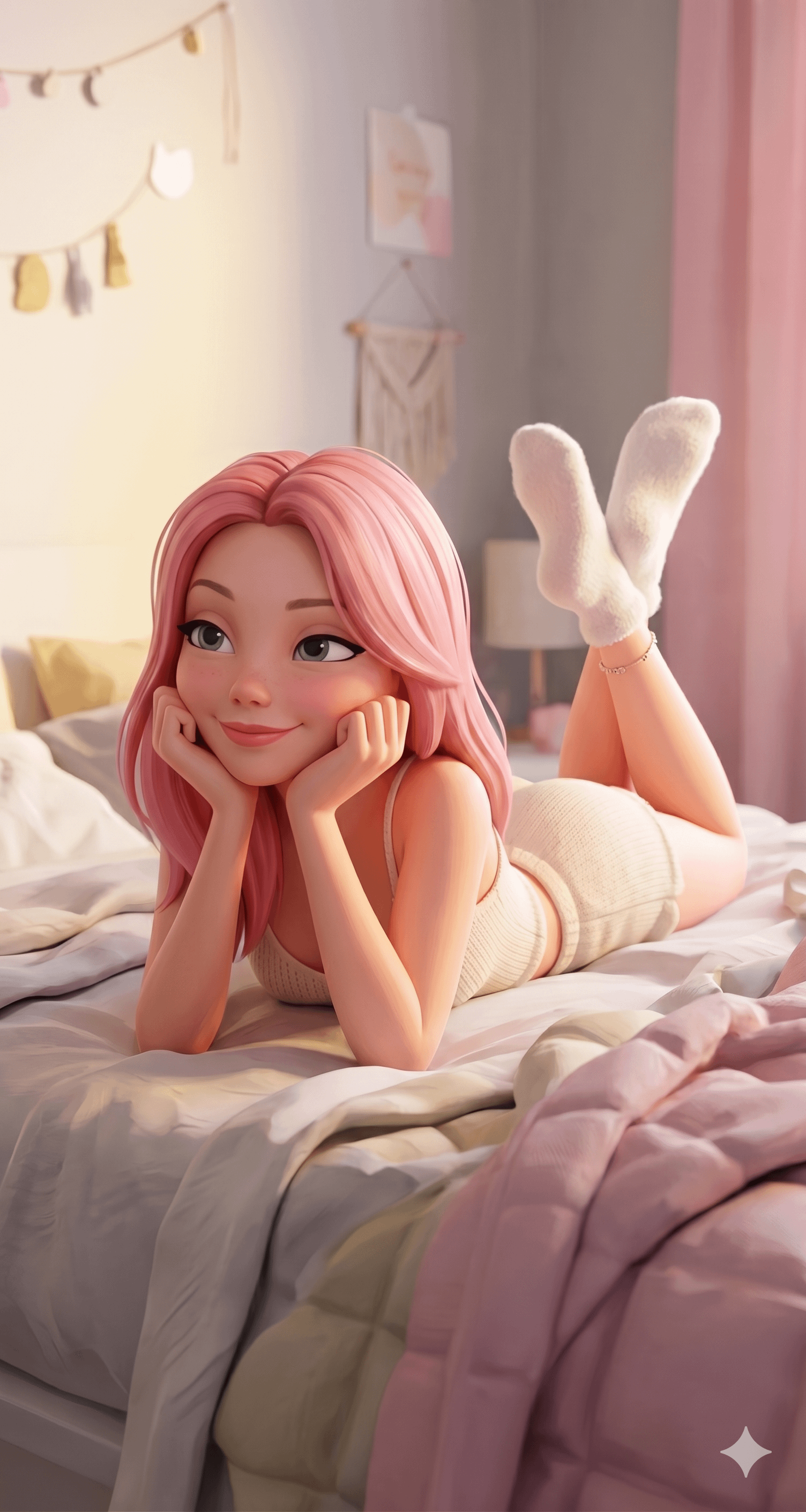 Pink Hair Pyjamas On Unmade Bed reference photo
