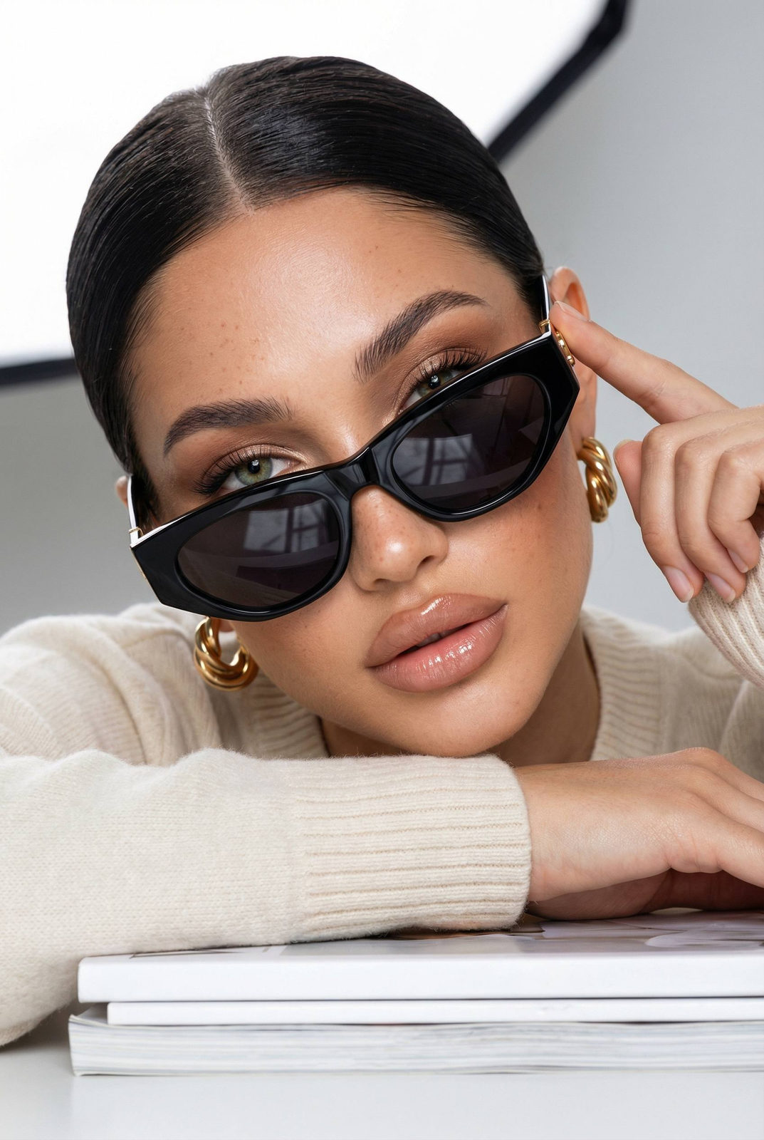 Studio Portrait Geometric Sunglasses Intimate Close Up