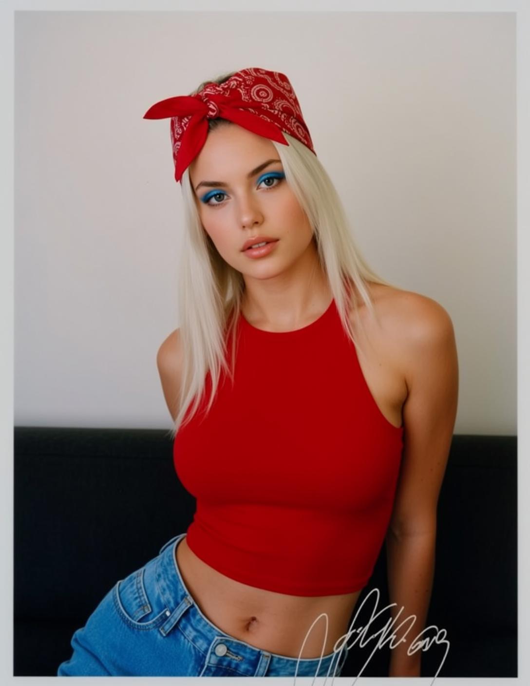 Red Halter on Black Couch reference photo