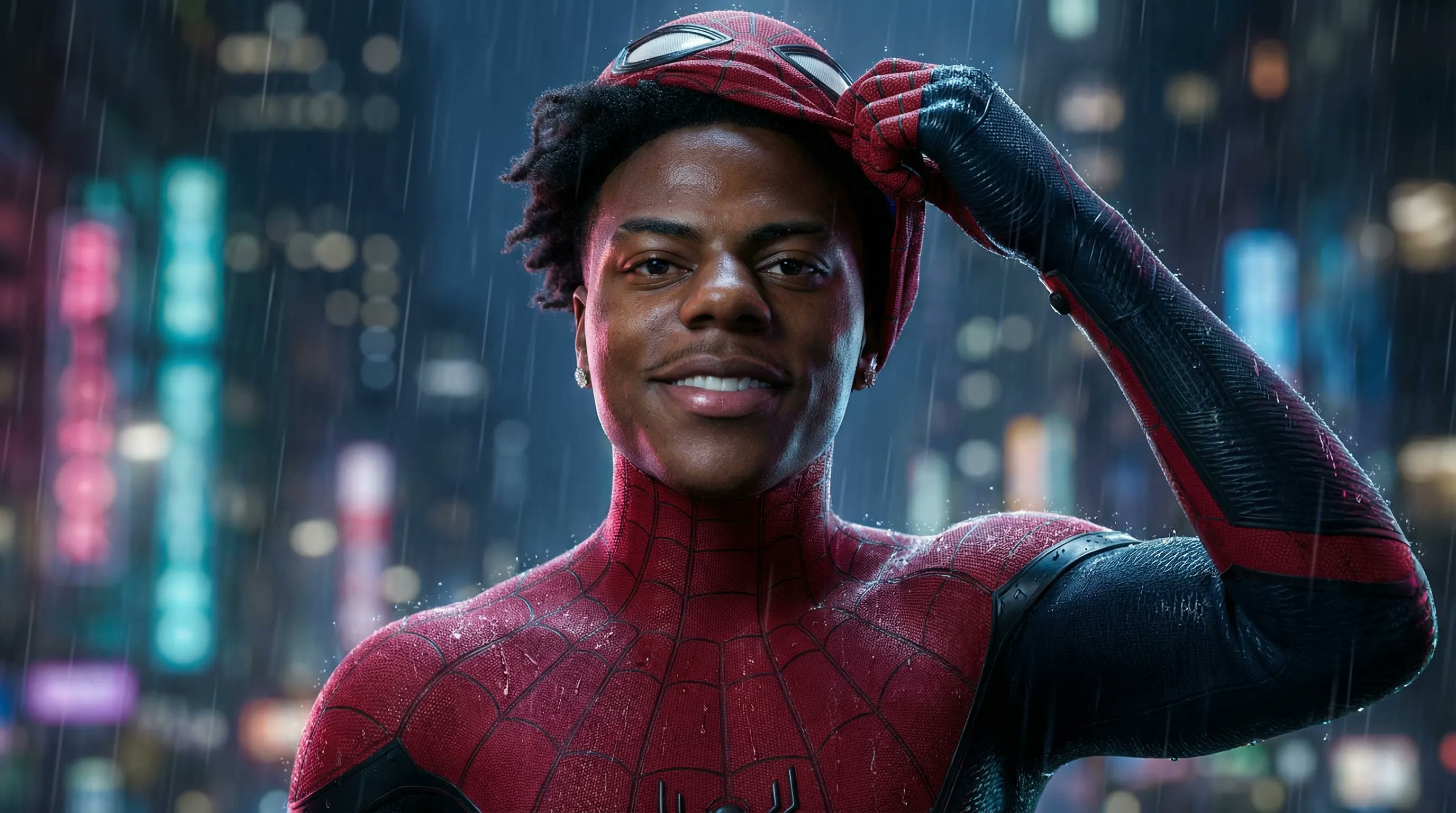 A Spider-Man inspired character portrait in NYC at night with neon lights and rain droplets