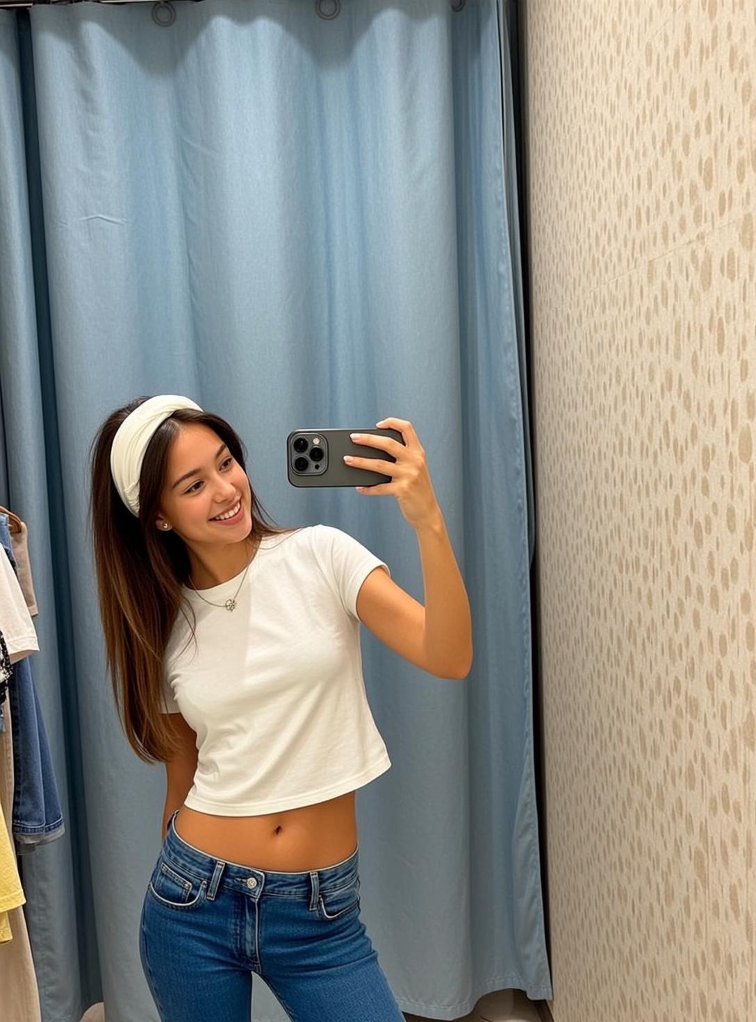 Explore Young Stands Fitting Room Holding Smartphone reference photo