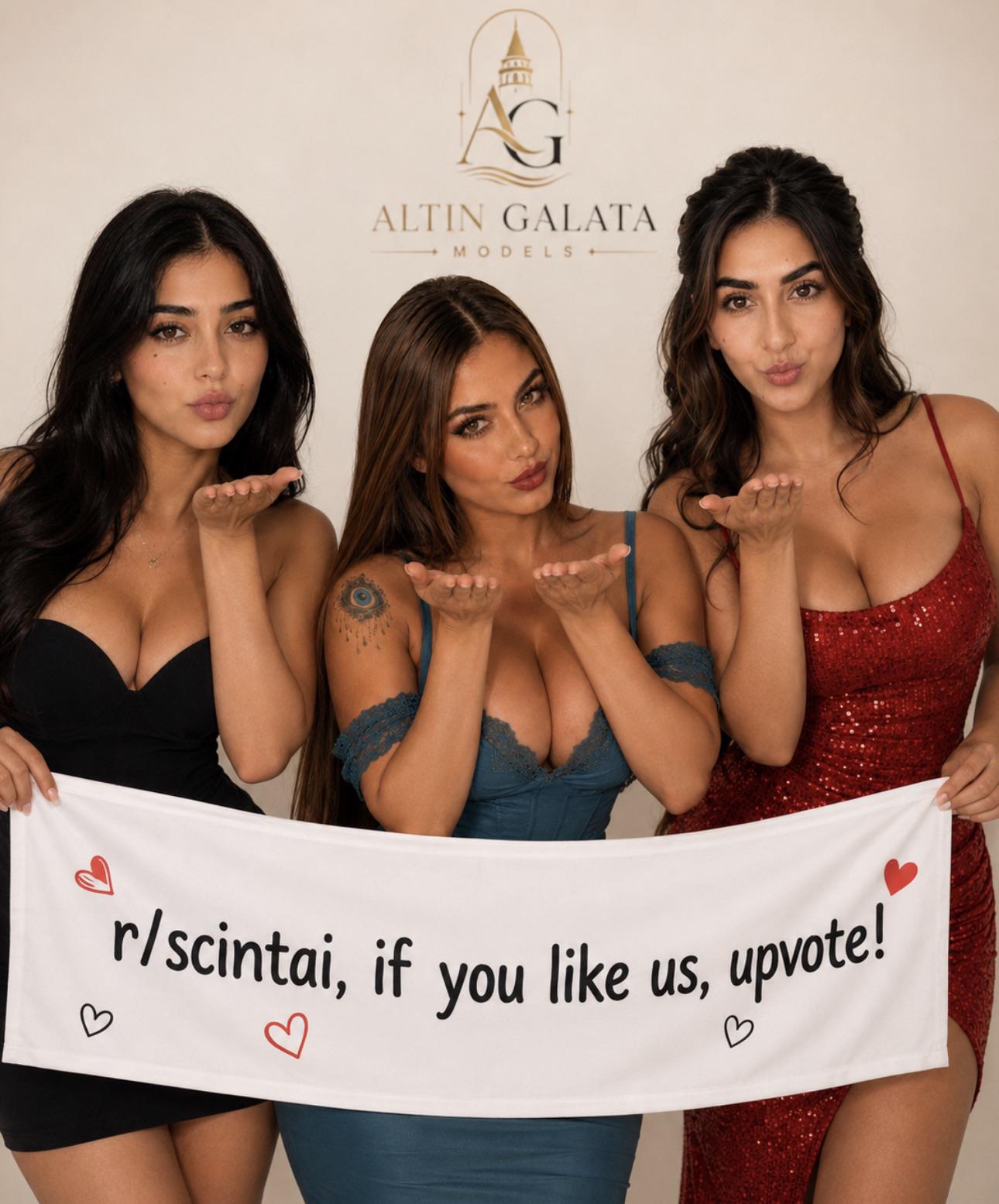 Three Women Holding Banner Blowing Kiss reference photo