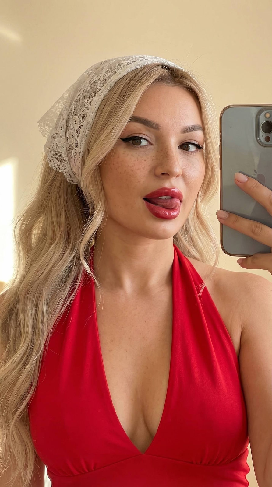 Girl Red Halter Top Lacy Kerchief Selfie Tongue Out