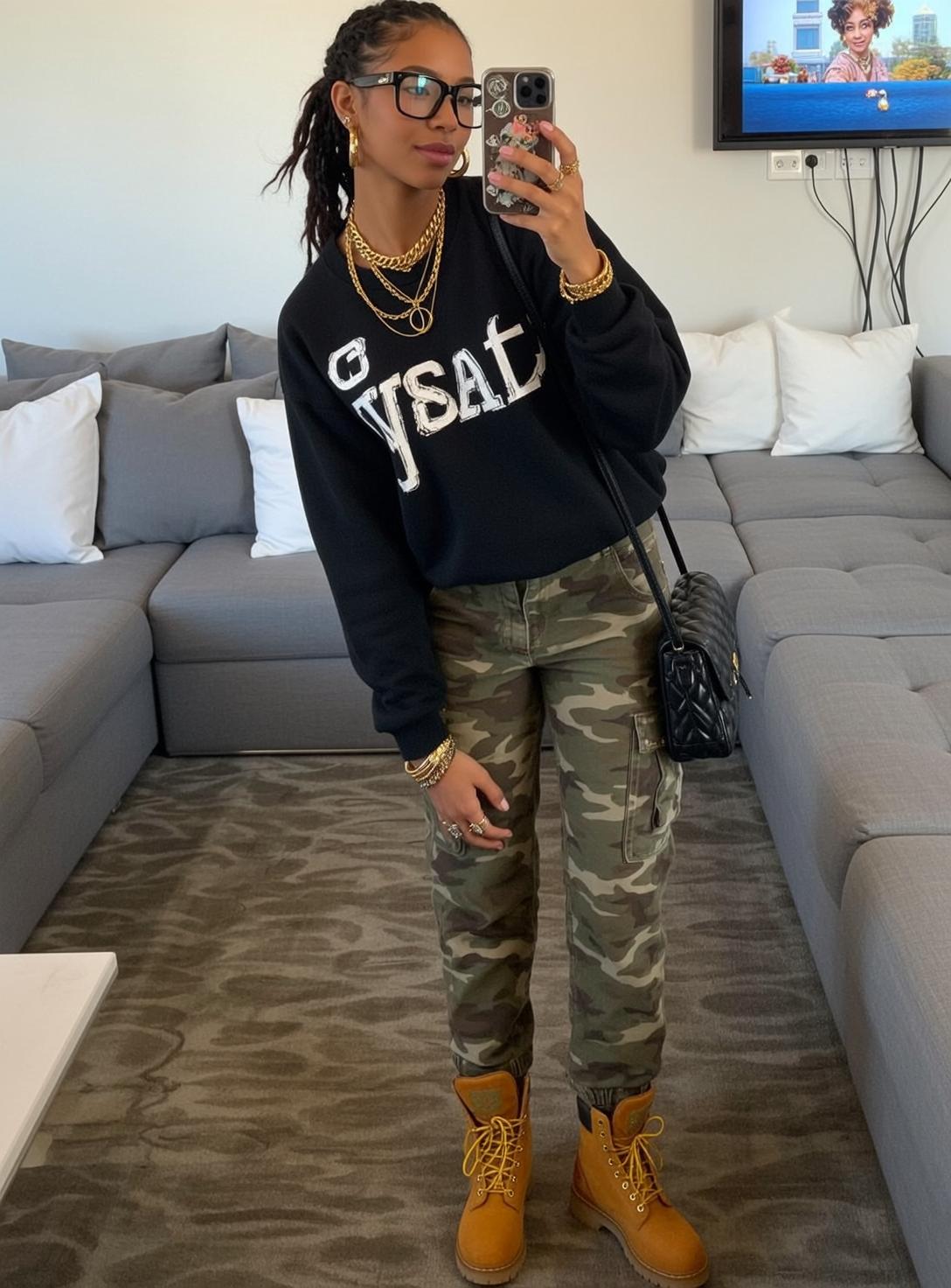 Black Sweatshirt Cargo Pants Glasses reference photo