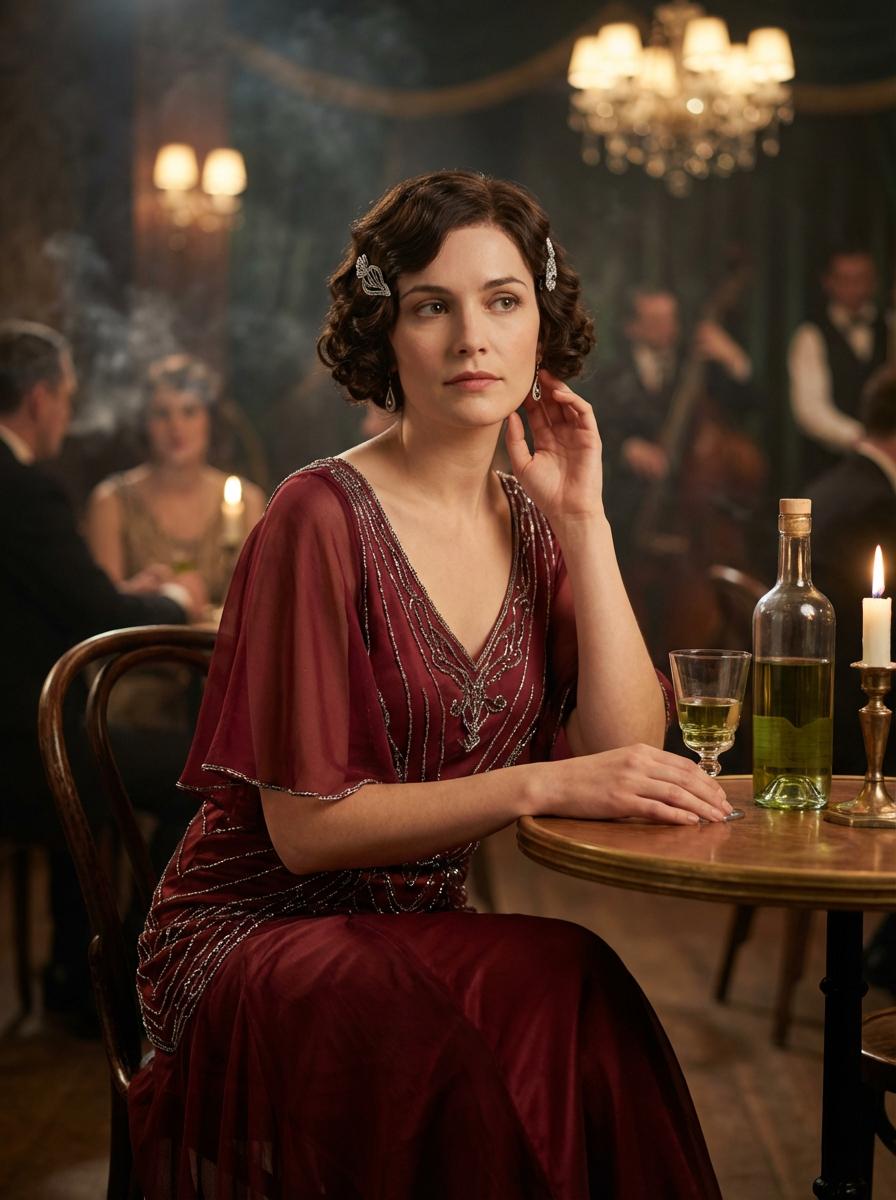 Smoky Cabaret Woman Wine Silk Gown Bentwood Chair