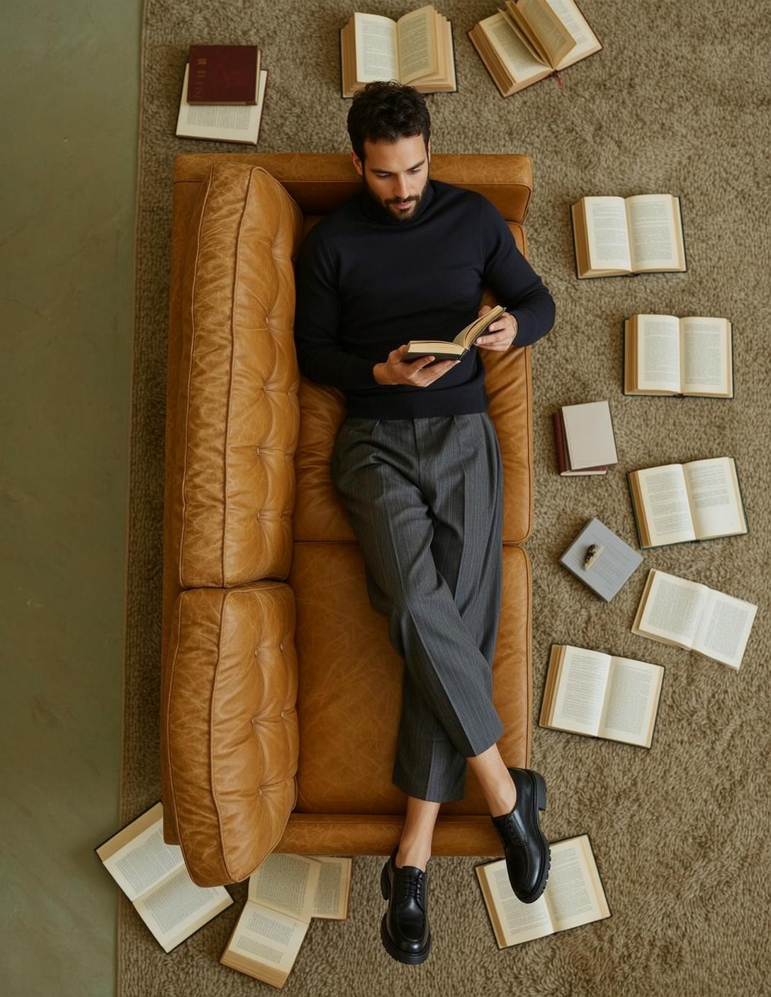 Turtleneck Book Reading Sofa Scene reference photo