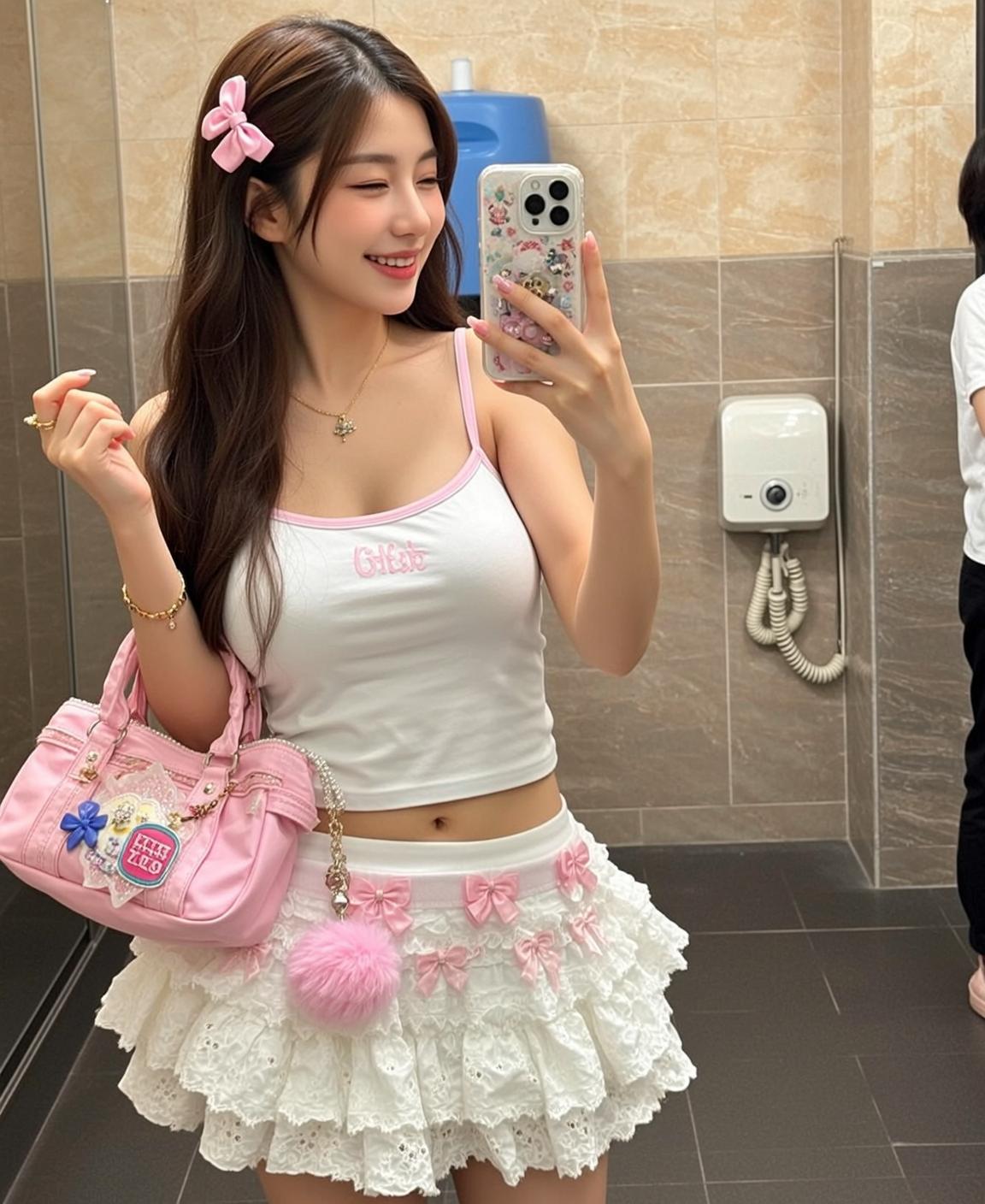 Barbiecore Young Stands Public Restroom Taking Selfie reference photo