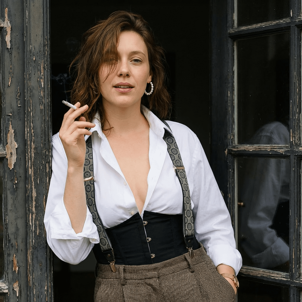 White Shirt Black Corset Red Lips