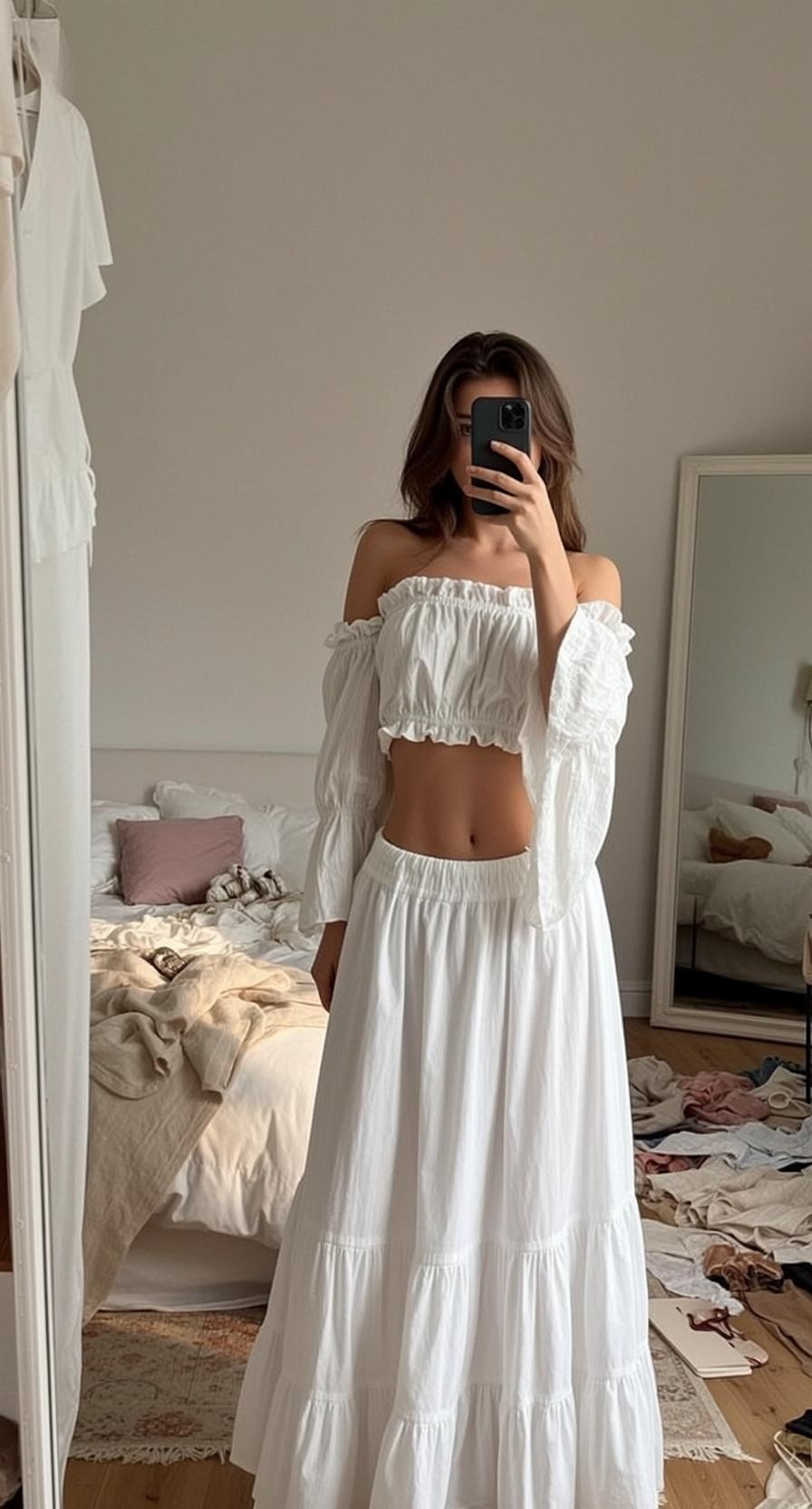 White Ruffle Skirt Mirror Selfie reference photo