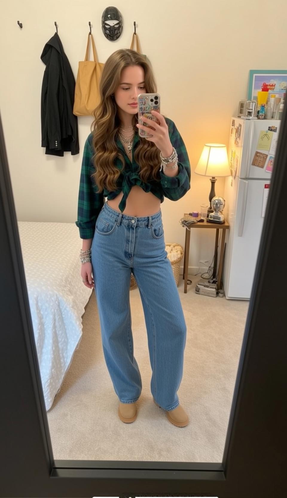 Bedroom Mirror Selfie Plaid Flannel Jeans reference photo