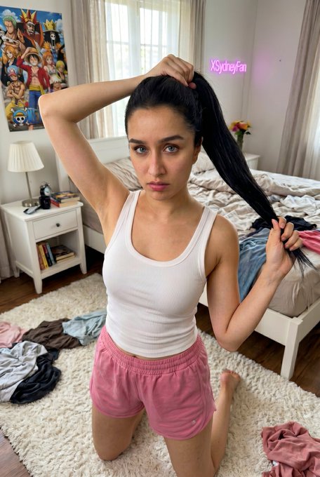 Kneeling Messy Bedroom White Rug Ponytail Action