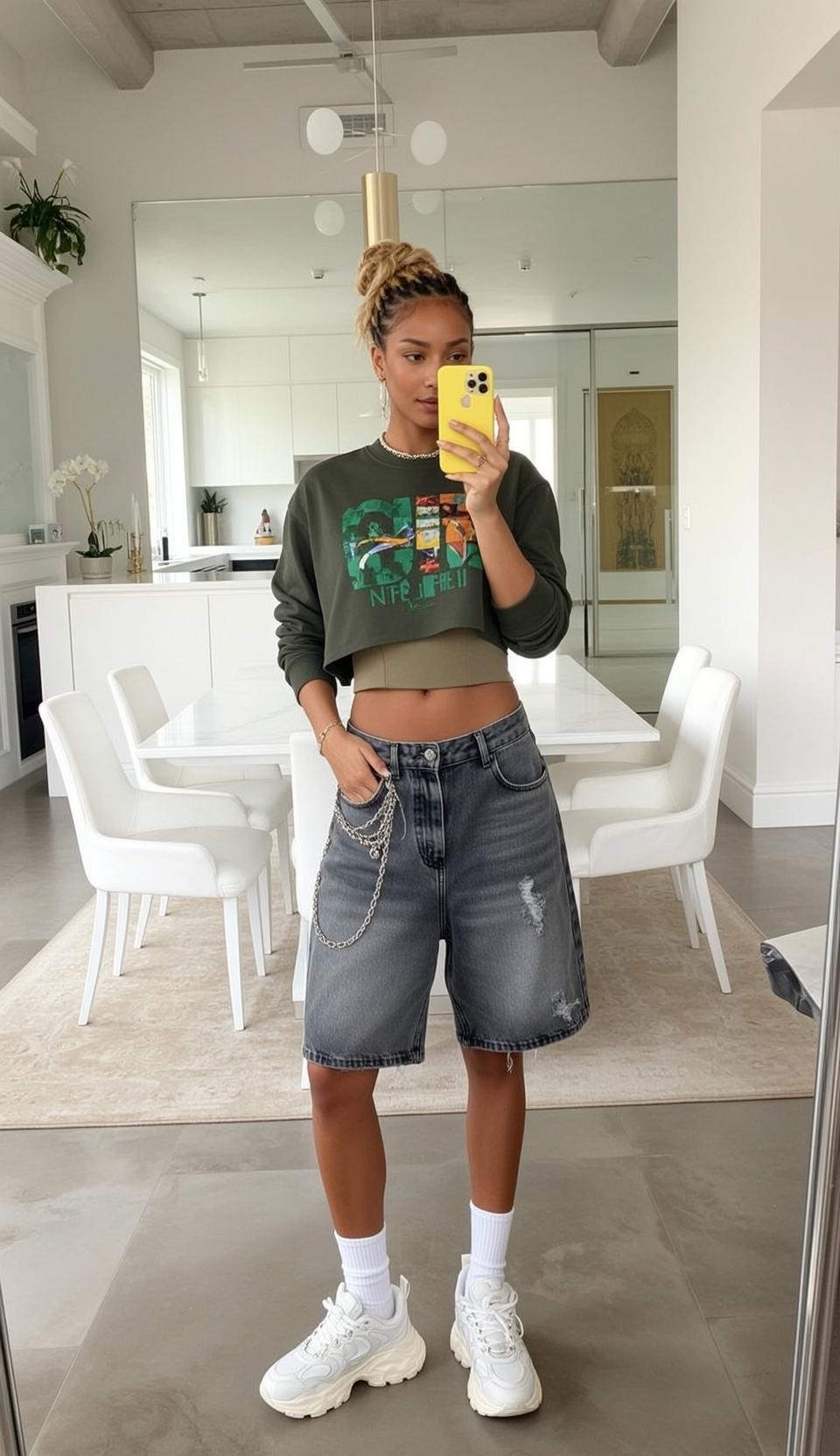 Explore Stands Facing Mirror Taking Selfie Yellow reference photo