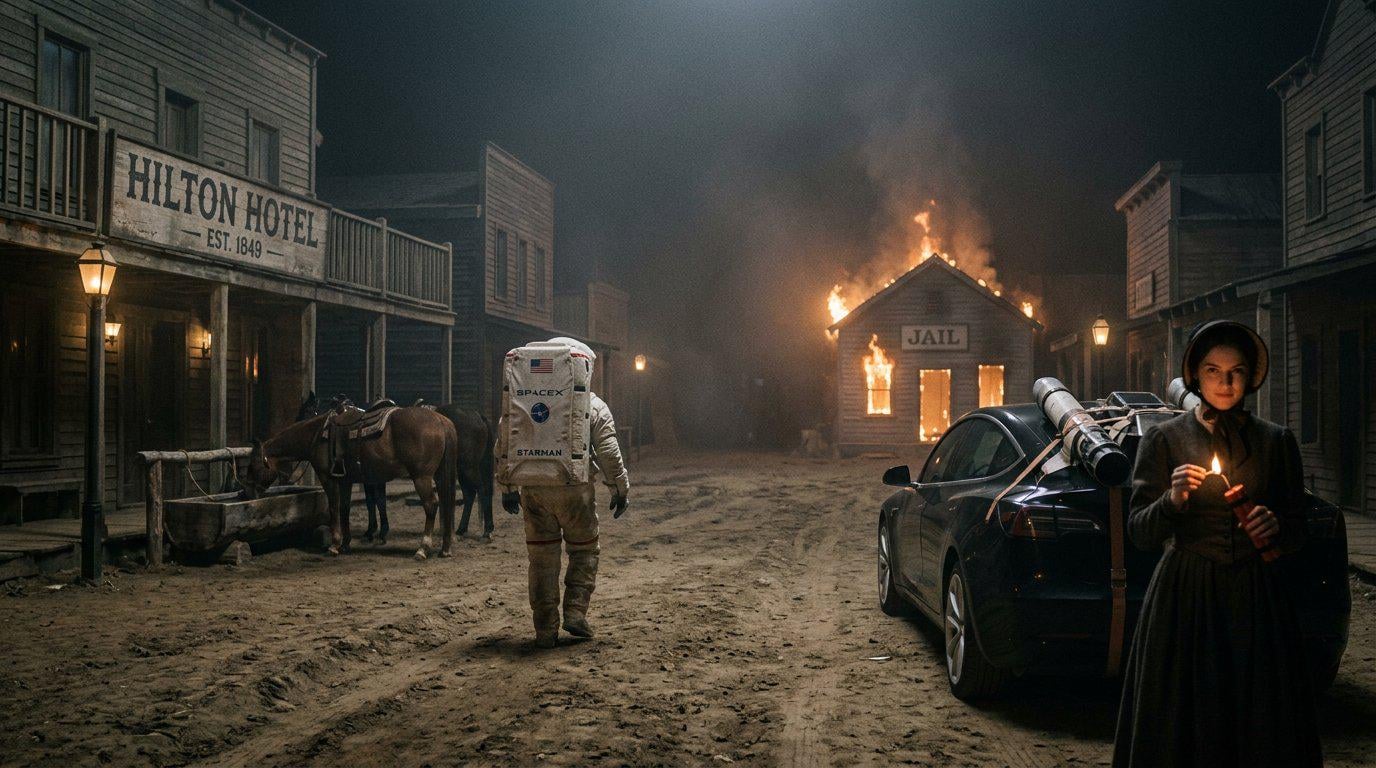 An astronaut in 2027 attire walking down a foggy, desolate dirt street in 1852, with a burning jail and two horses nearby.