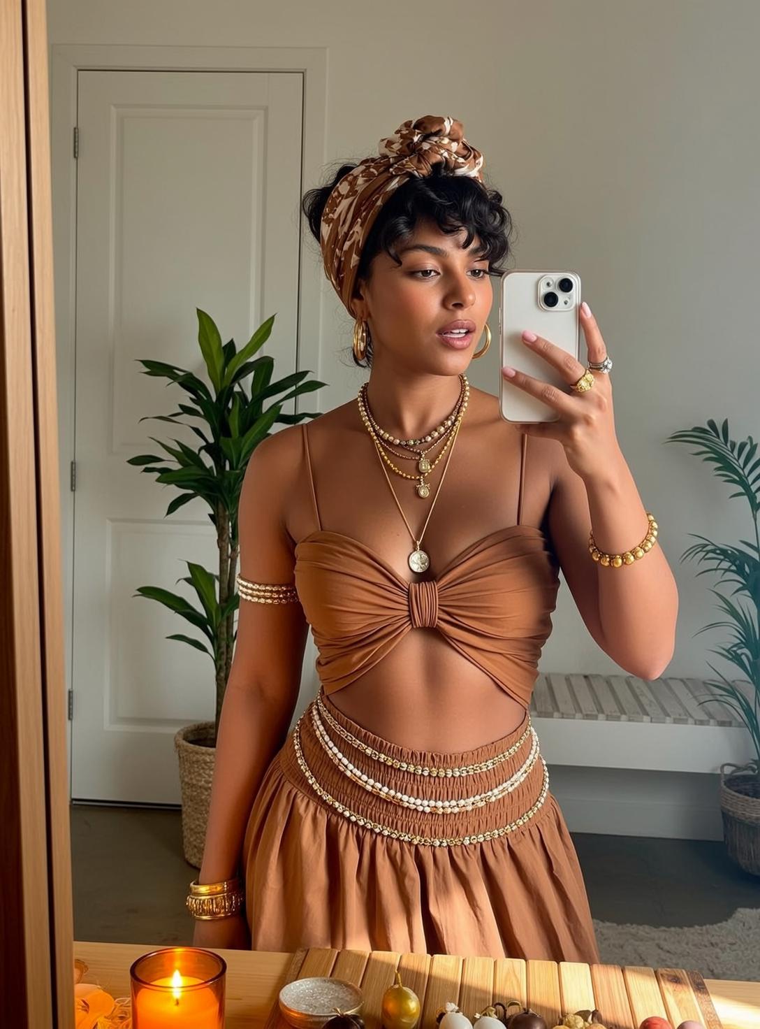 Indie Dark Curly Hair Tied Scarf Tan reference photo