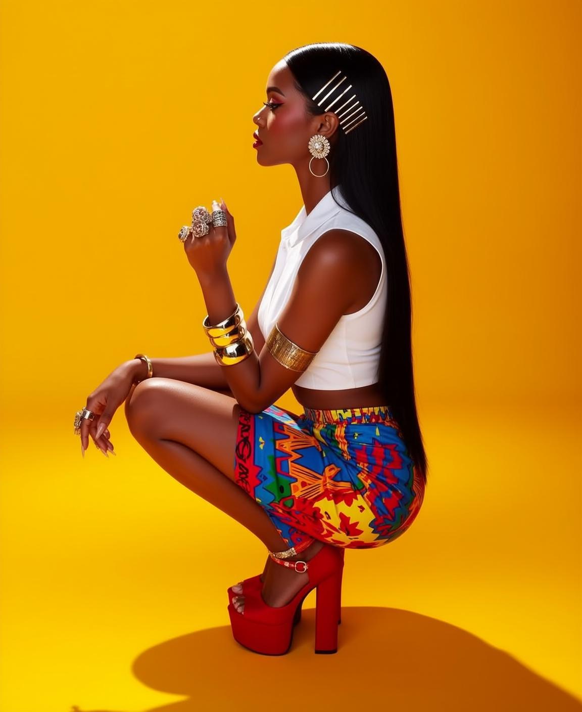 Red Platform Heels White Sleeveless Crop Studio Yellow Seamless reference photo