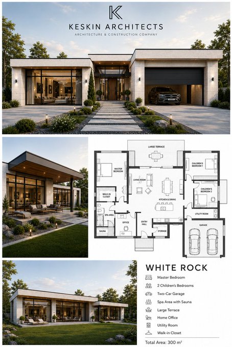 A sleek modern house exterior with luxury SUV, surrounded by lush landscaping and clear blue sky.