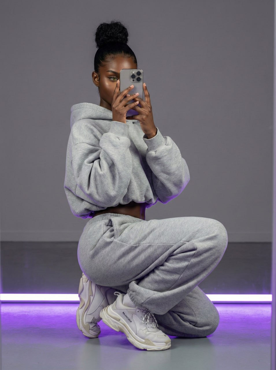Realistic Woman Kneeling Studio Purple Light