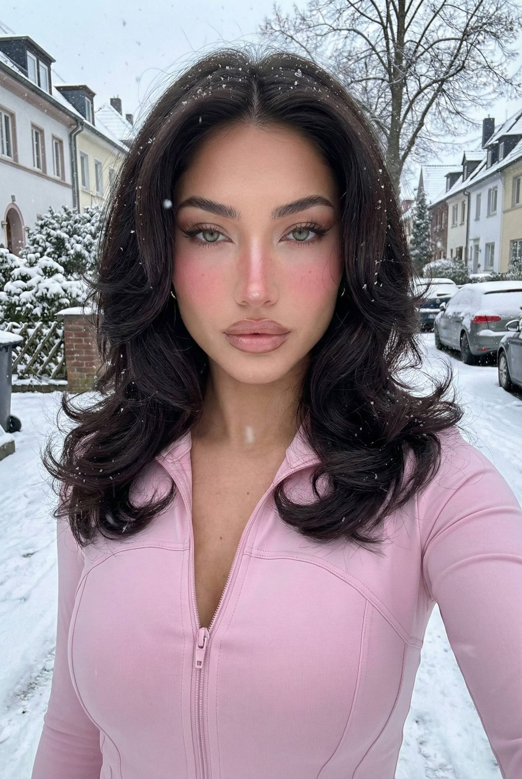 Realistic Winter Street Selfie Pastel Pink