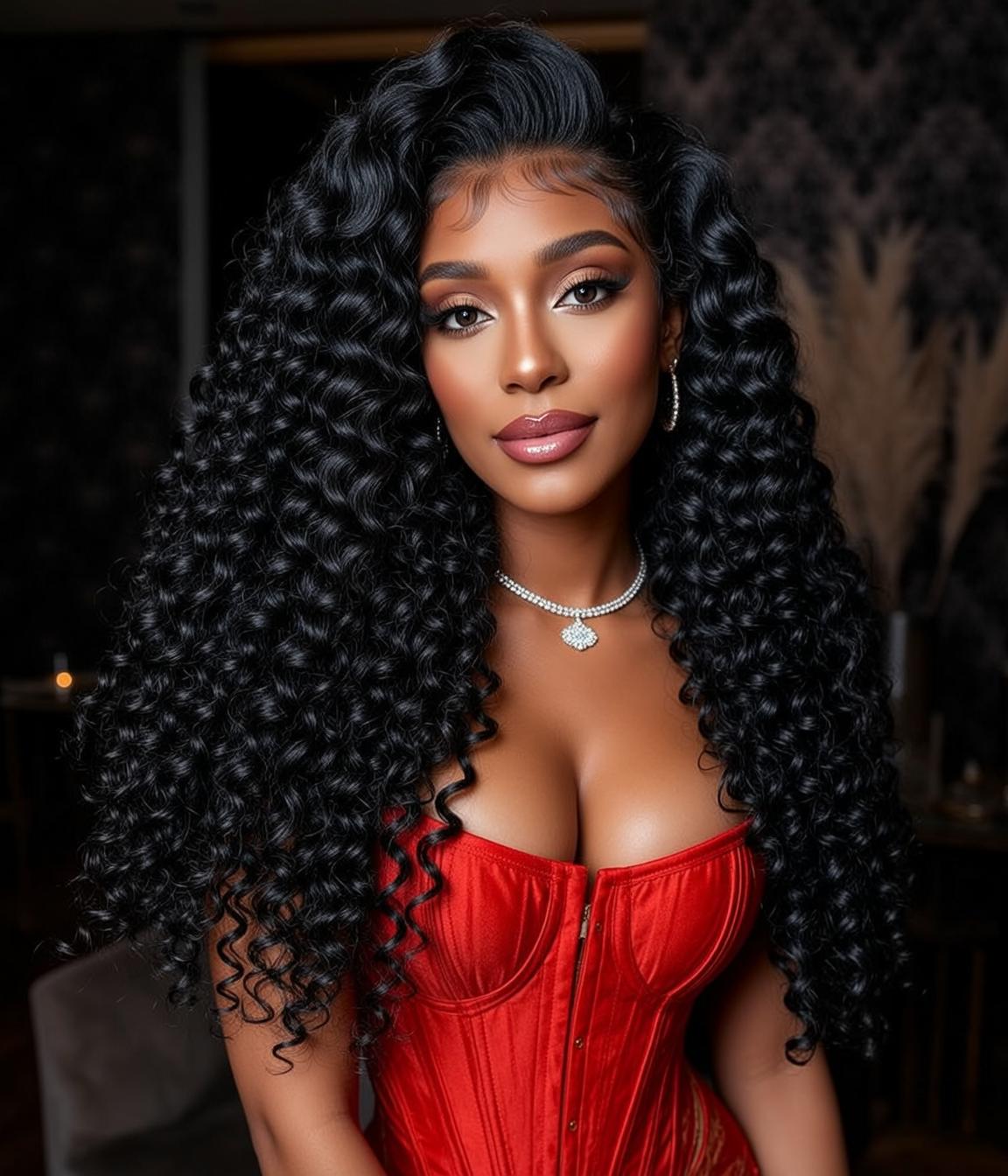 Red Satin Corset Diamond Necklace Close Up reference photo