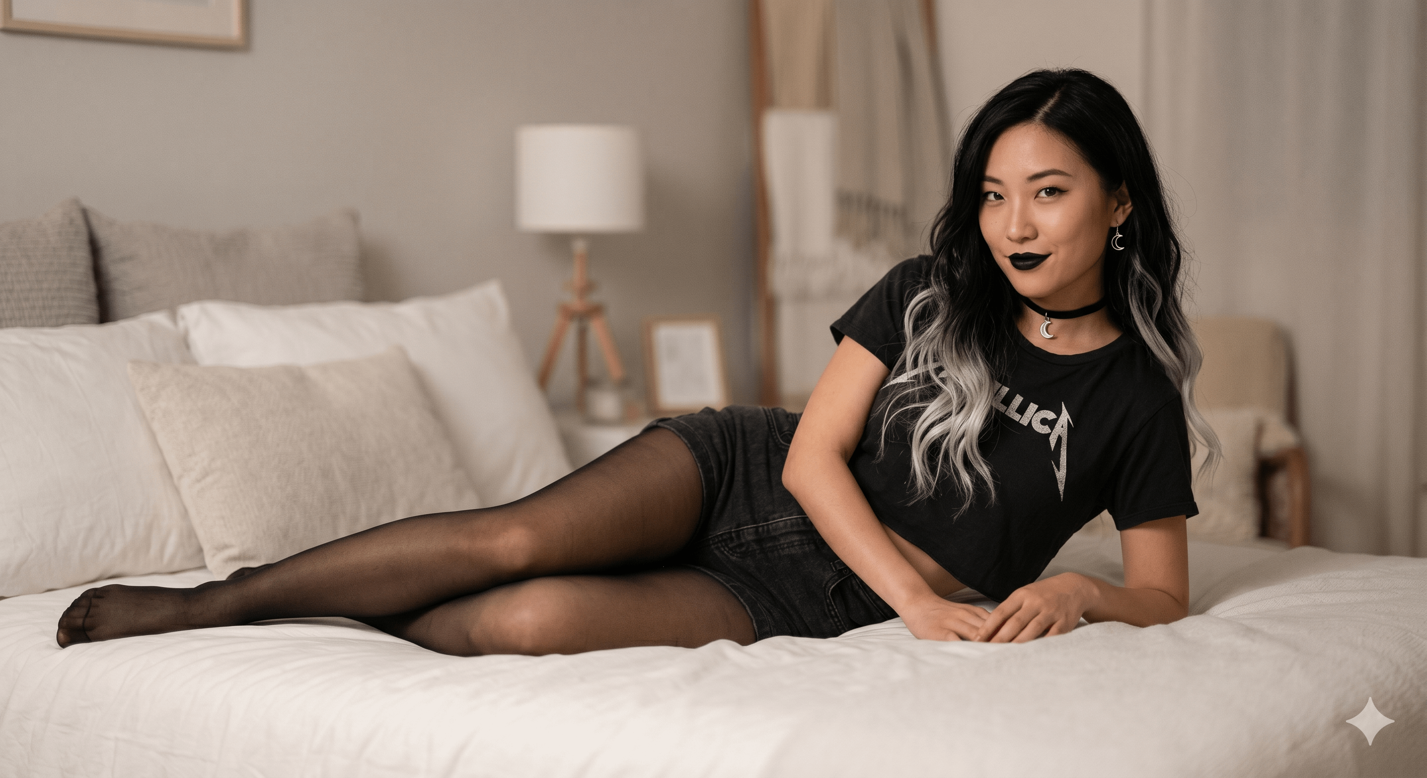 A woman lies on a white duvet, showcasing her black cropped t-shirt, denim shorts, and sheer pantyhose in a softly lit bedroom.