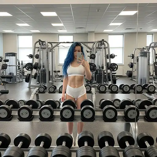 Young woman with wavy blue hair posing for a fitness selfie in a modern gym, wearing white lingerie and standing near weight racks.