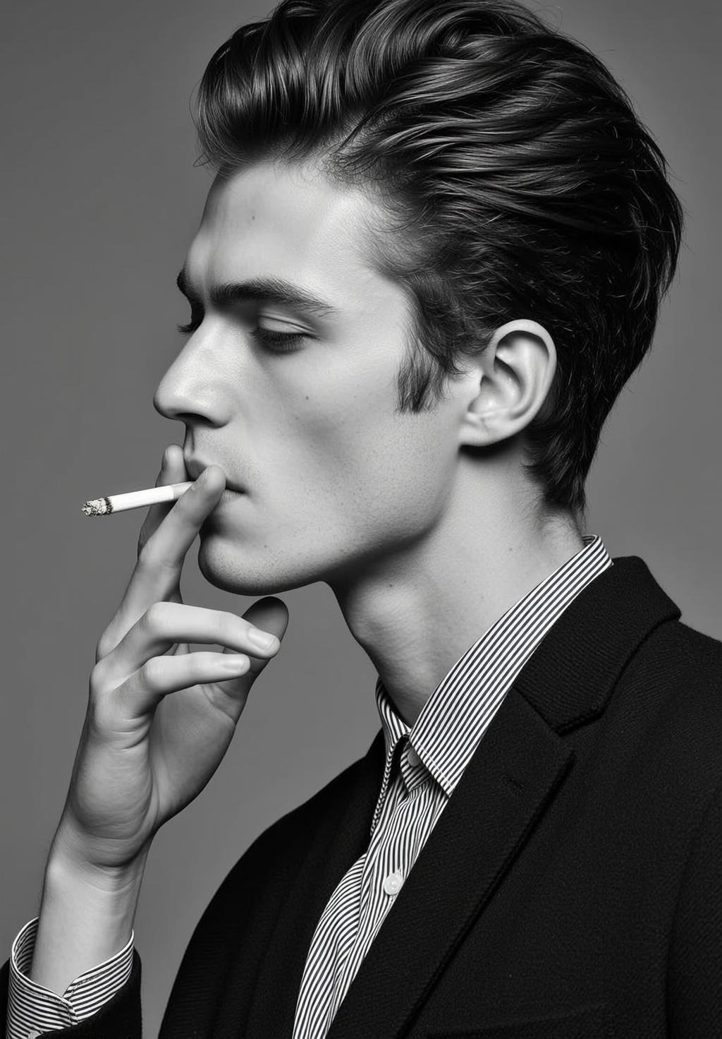 Black And White Medium Shot Portrait Young Man Profile Looking reference photo