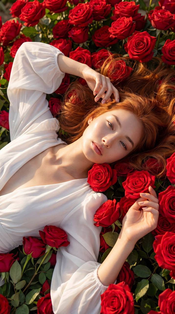Girl In White Dress Red Roses Sea Golden Hour