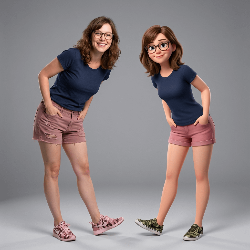 A studio portrait featuring two cheerful women in pink outfits standing side by side against a gray background.