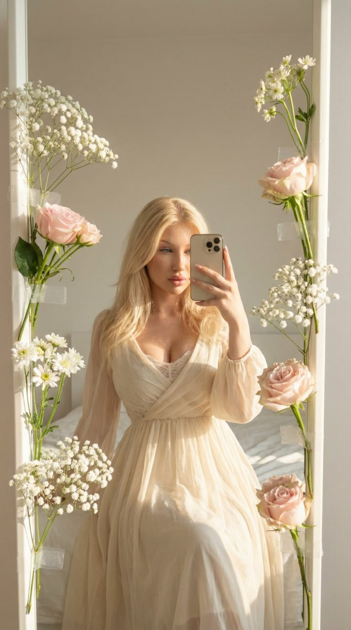 Realistic Ethereal Mirror Selfie Pastel Flowers