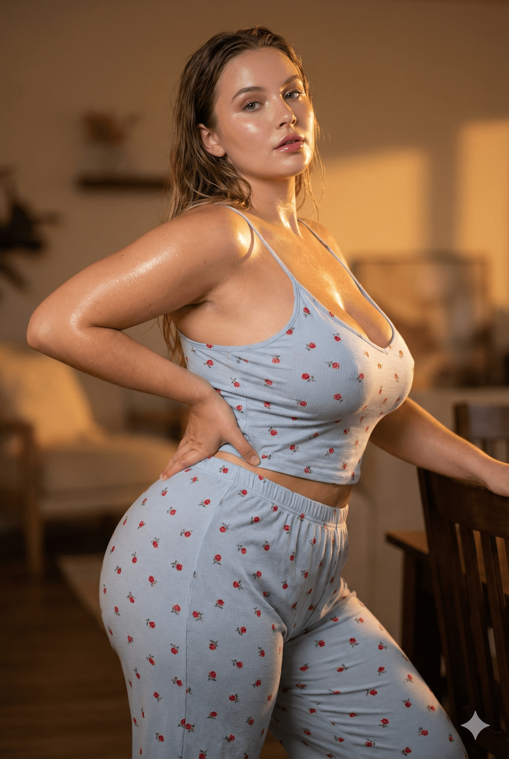 Dewy Pajamas Rose Pattern Dark Wood Chair