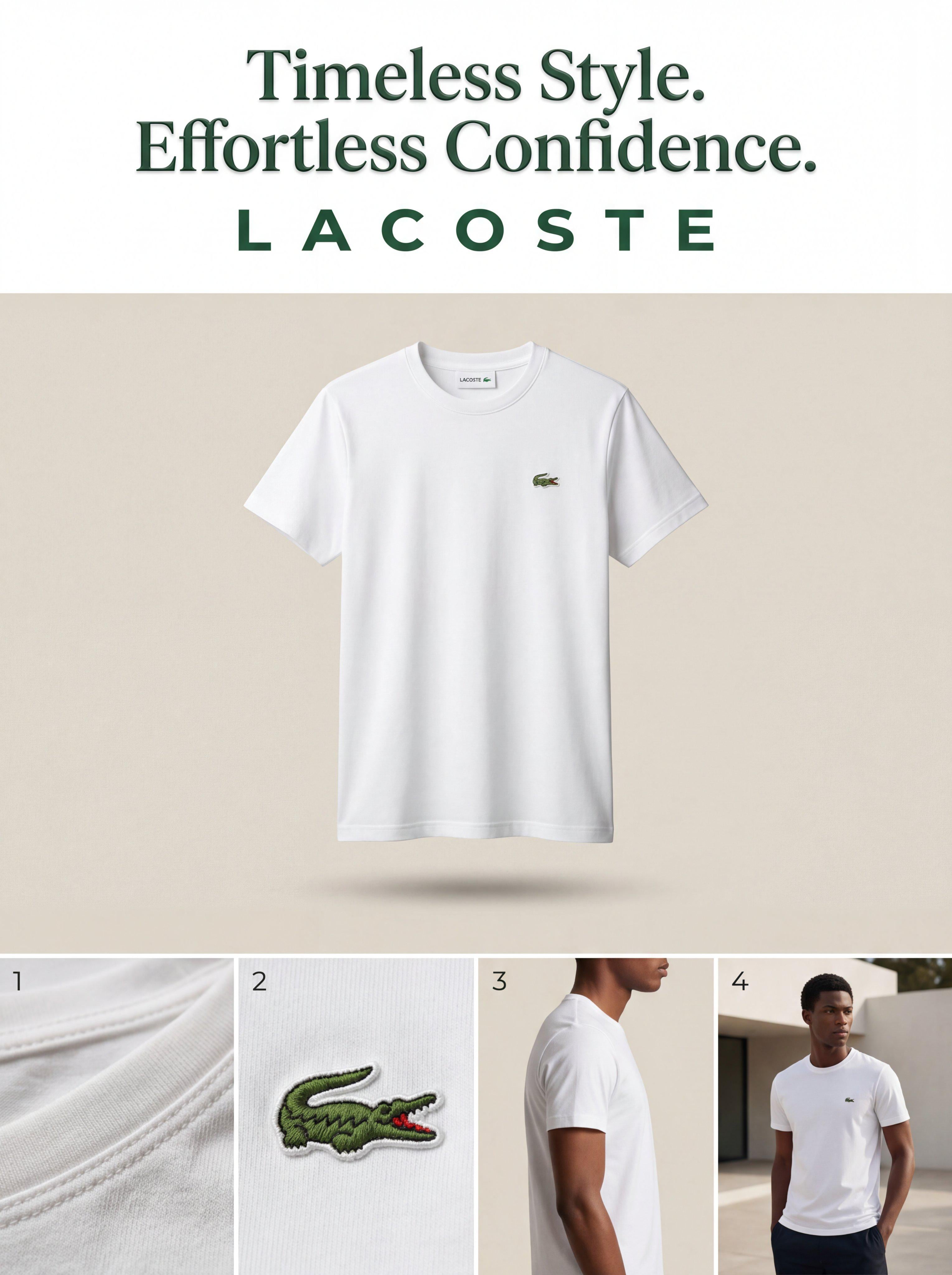 A neatly folded white cotton t-shirt with a green crocodile logo on a textured beige background, softly illuminated with diffused lighting.
