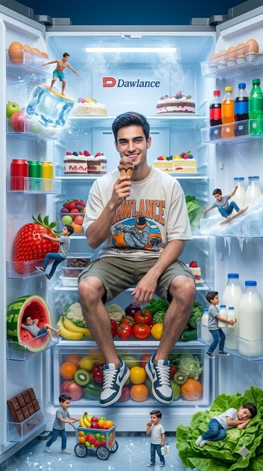 A man enjoying a chocolate ice cream cone while sitting in a well-lit refrigerator filled with various foods and miniature people interacting.