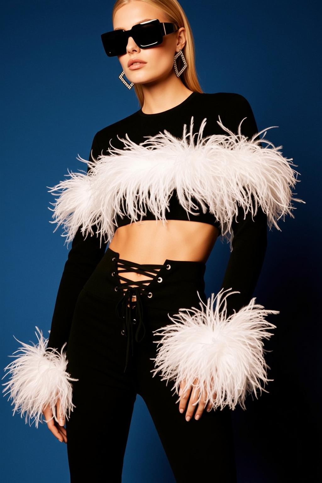 Ostrich Feather Top Black Pants Hip Pose reference photo