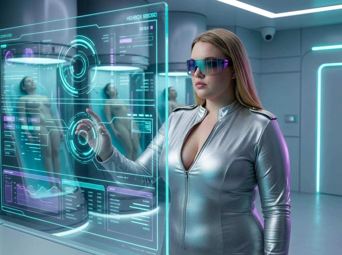 Woman in a silver jumpsuit interacting with a holographic display in a sterile environment with neon lighting.