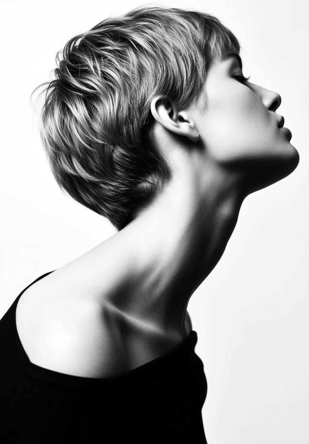 Black And White Medium Shot Profile Portrait Woman With Very reference photo