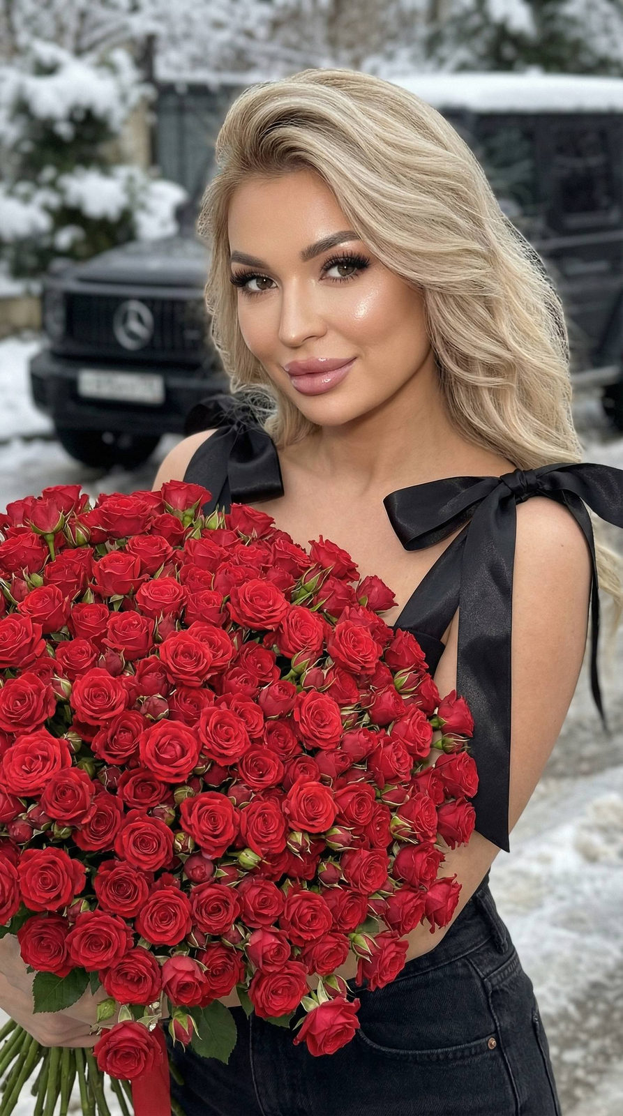 Realistic Woman Red Roses Black Car Day