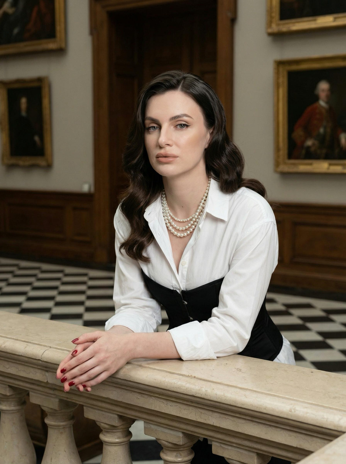 Realistic Museum Portrait Woman Balustrade
